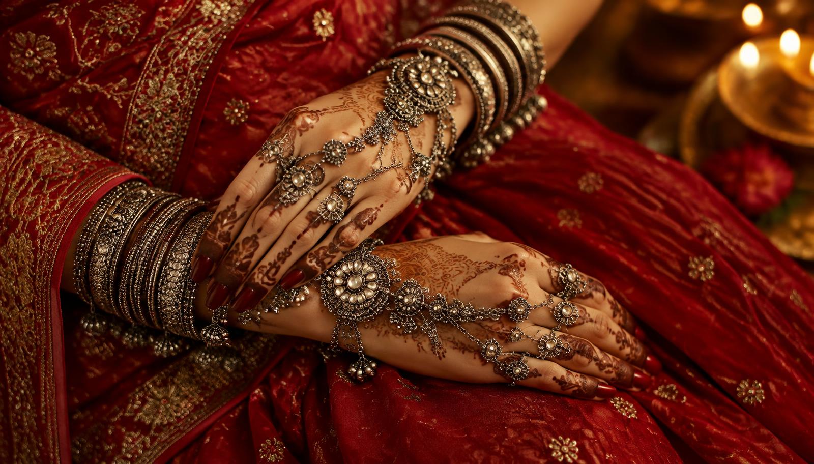Bride wearing silver hathphool and bangles