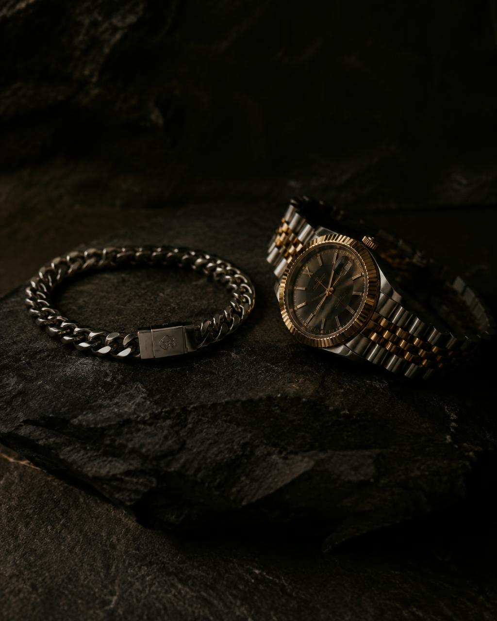 Men's silver bracelet and two-tone watch